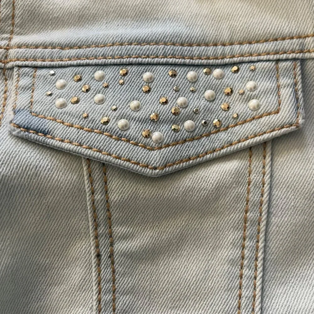 Mayoral Girls Denim Vest Size 10 Pearl Studded Light Wash Jean Jacket Western